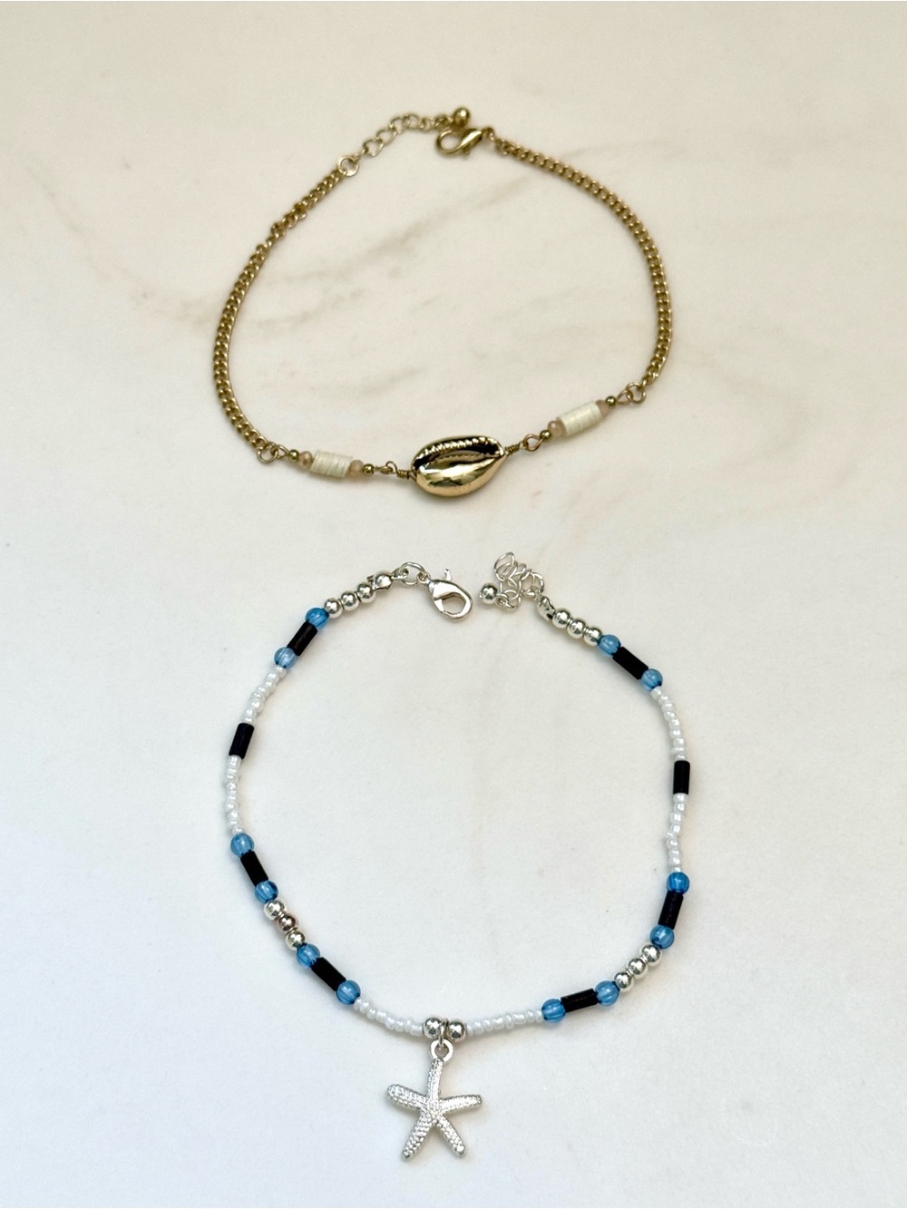 Gold Shell & Blue Beaded Starfish Anklet Set - Women Jewelry